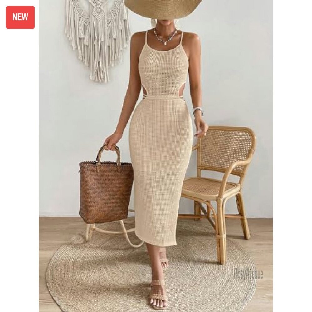 Cut Out Criss Cross Tie Back Midi Bodycon Dress Soft Stretch Fabric - Picture 5 of 6